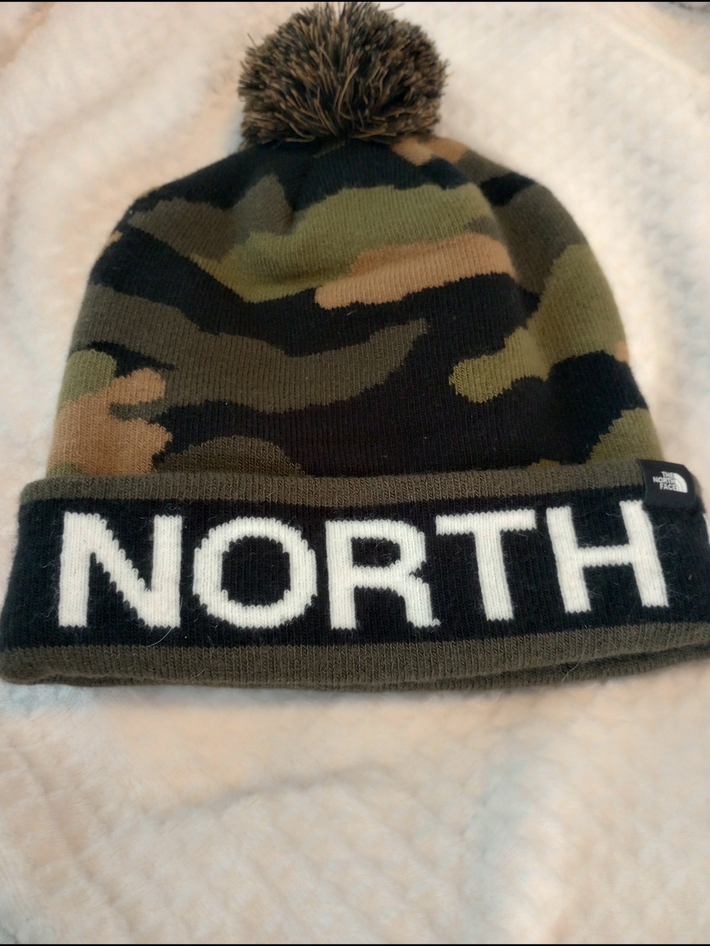 The North Face  Camo Pom Beanie in Olive, Black, Tan